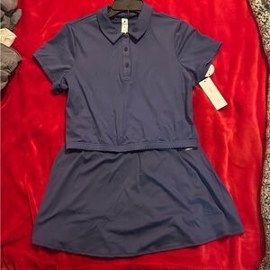YOGALICIOUS Skipper Blue Crop Short Sleeve Polo & Skort Set Women Size Large NWT